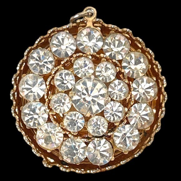 Coro Jewelry - Vintage Round Signed Coro Pendant Layers of Clear Stones Gold-Tone 70s